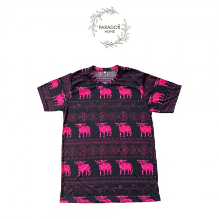 เสื้อส้มคอวี สีพื้นดำควายชมพูนาโน ลายควายวิถีไทย