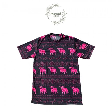 เสื้อส้มคอกลม สีพื้นดำควายชมพูเเขนสั้น ลายควายวิถีไทย