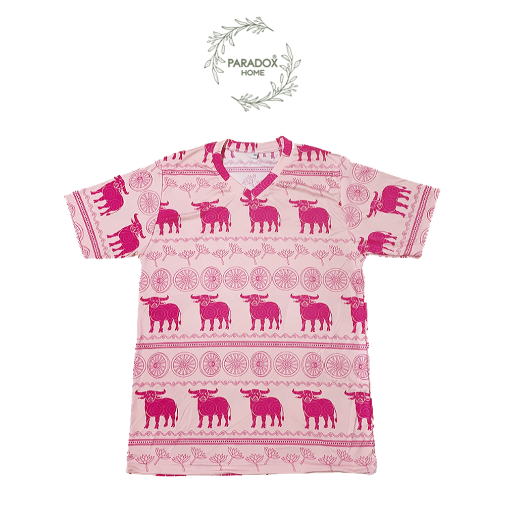เสื้อส้มคอวี สีพื้นครีมควายชมพูเเขนสั้น ลายควายวิถีไทย