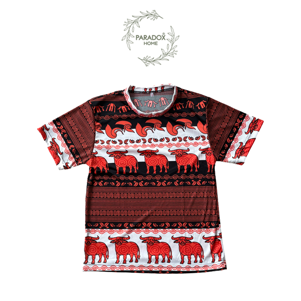 เสื้อเด็กเล็กคอกลม คอกลม สีพื้นขาวควายส้ม ลายควายวิถีไทย