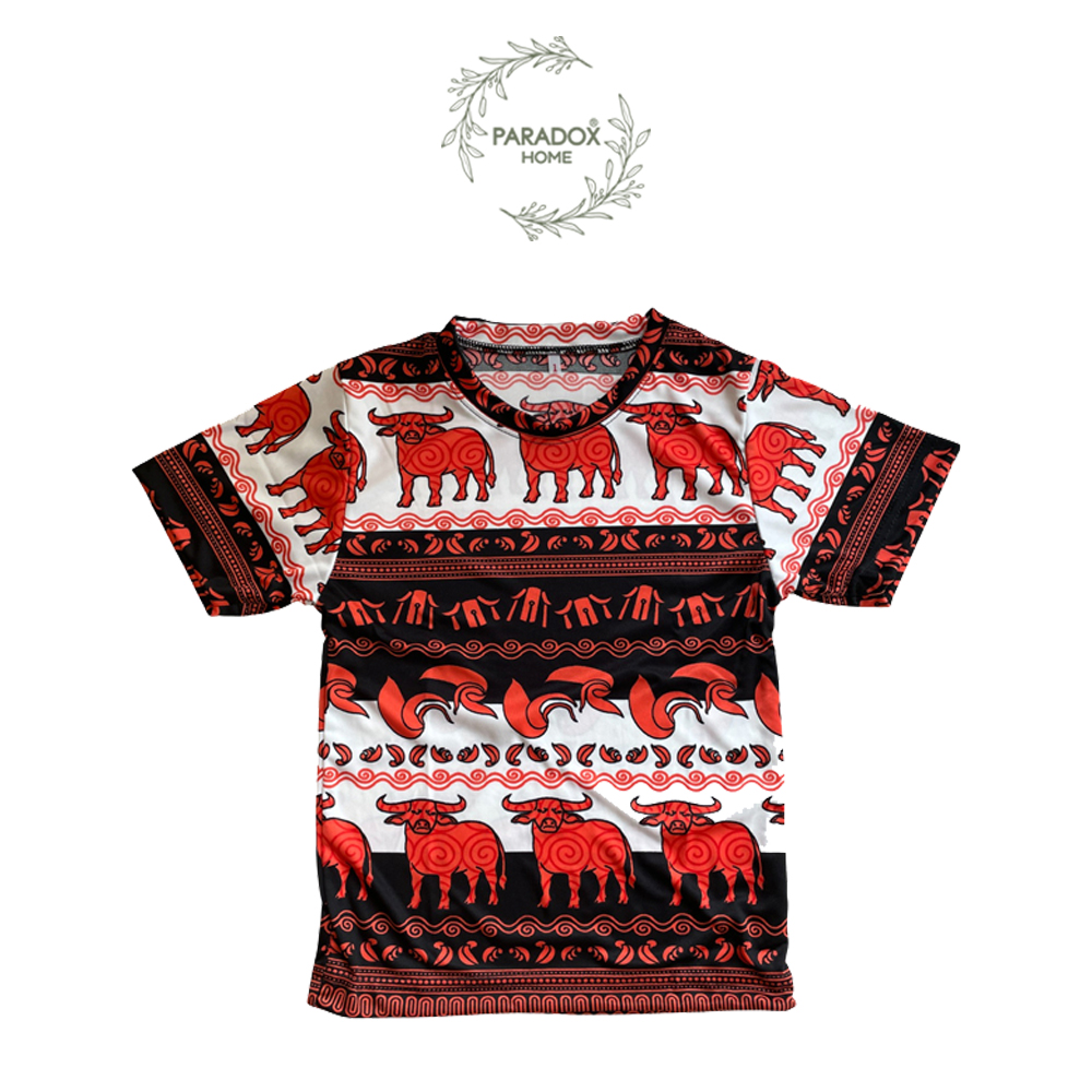 เสื้อเด็กโตคอกลม คอกลม สีพื้นขาวควายส้ม ลายควายวิถีไทย